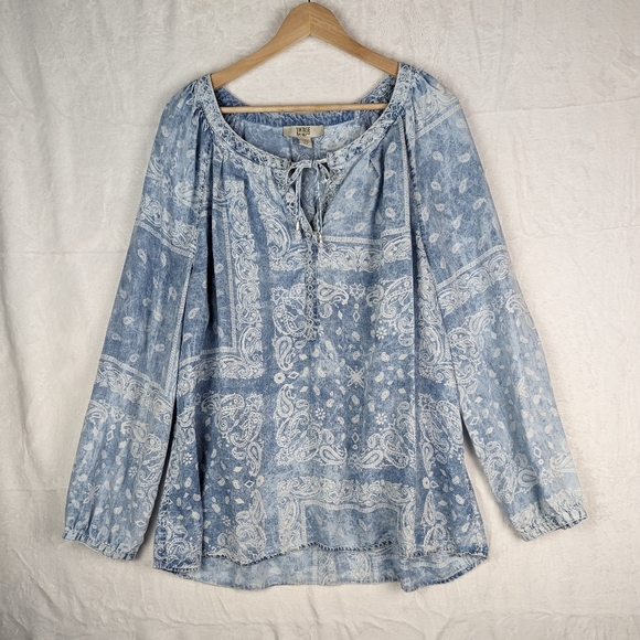 Vintage America Chambray Denim Peasant Blouse Top XXL Blue Handkerchief Print - Picture 15 of 15